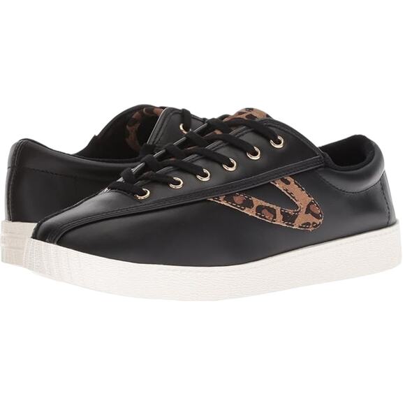 Tretorn Black Leather Nylite 25 Plus Cheetah Print Sneakers - Picture 1 of 11